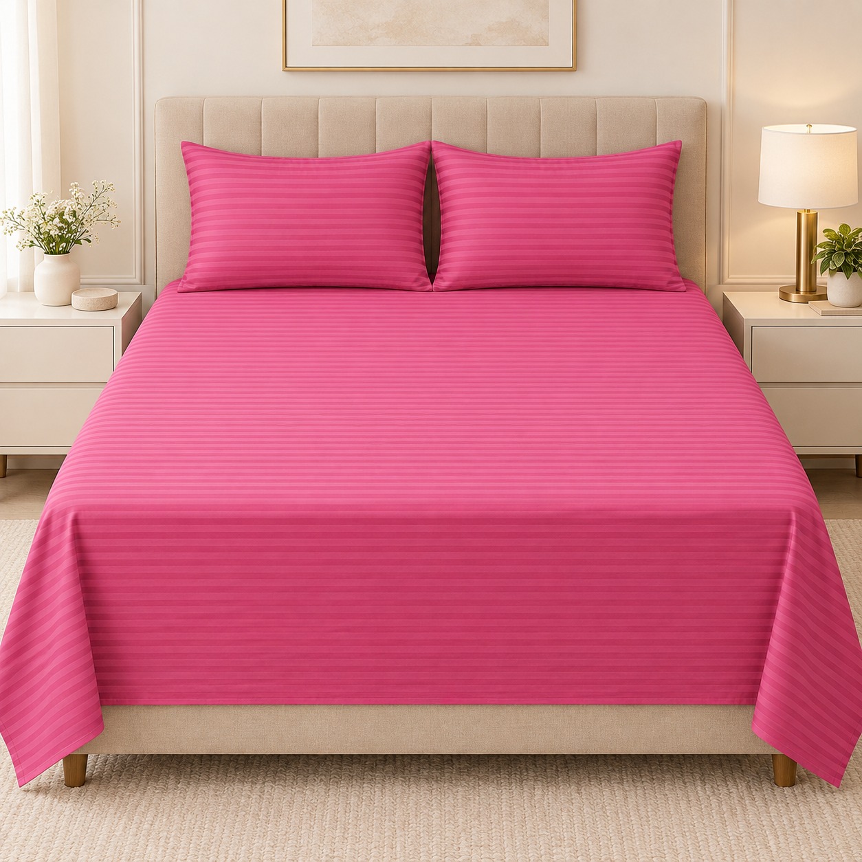 Pink Stripe 100% Pure Cotton King Size Bedsheet Set – 3 Piece