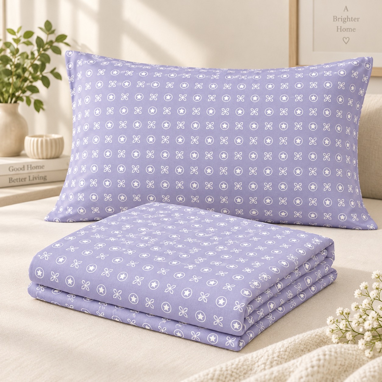 Lavender Geometric Print 100% Pure Cotton Single Bedsheet Set – 2 Piece - Image 2