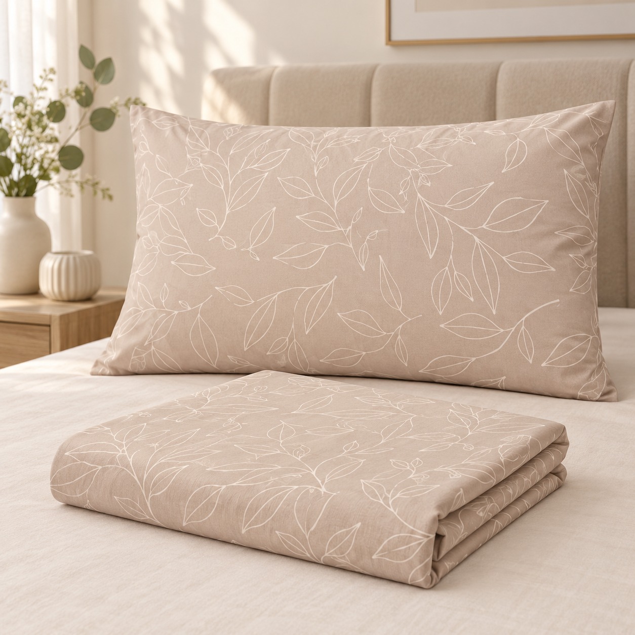 Beige Botanical Leaf Print 100% Pure Cotton Single Bedsheet Set – 2 Piece - Image 2