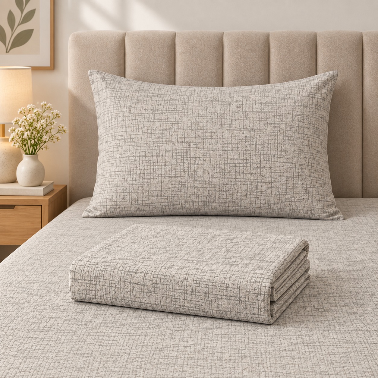 Light Grey Textured Print 100% Pure Cotton Single Bedsheet Set – 2 Piece - Image 2