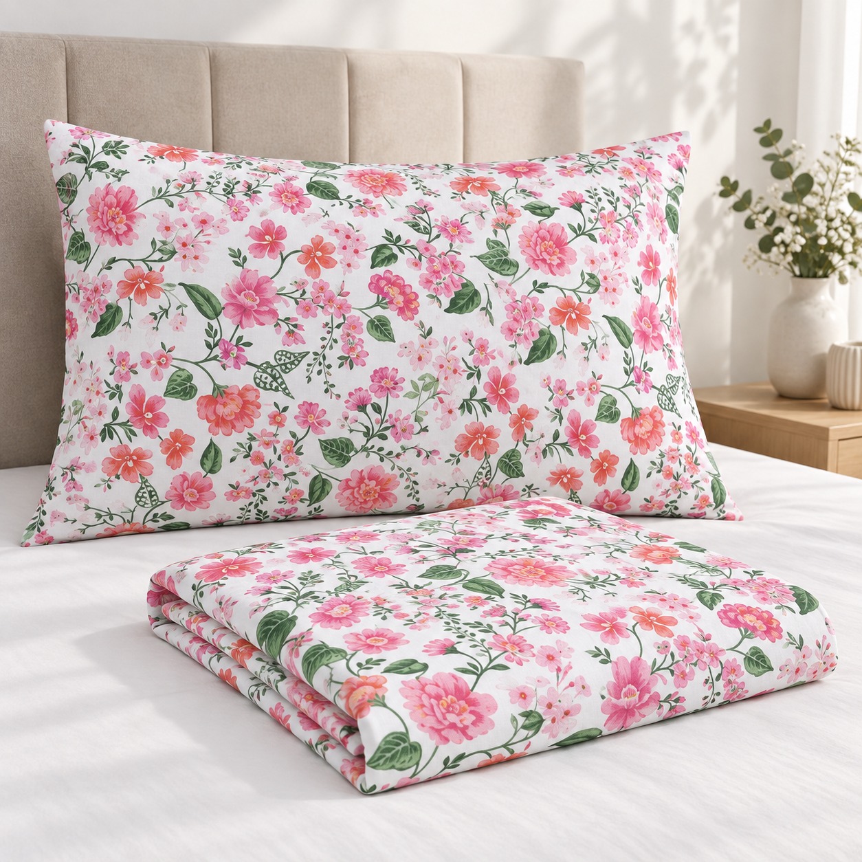 Pink Floral Print 100% Pure Cotton Single Bedsheet Set – 2 Piece - Image 2